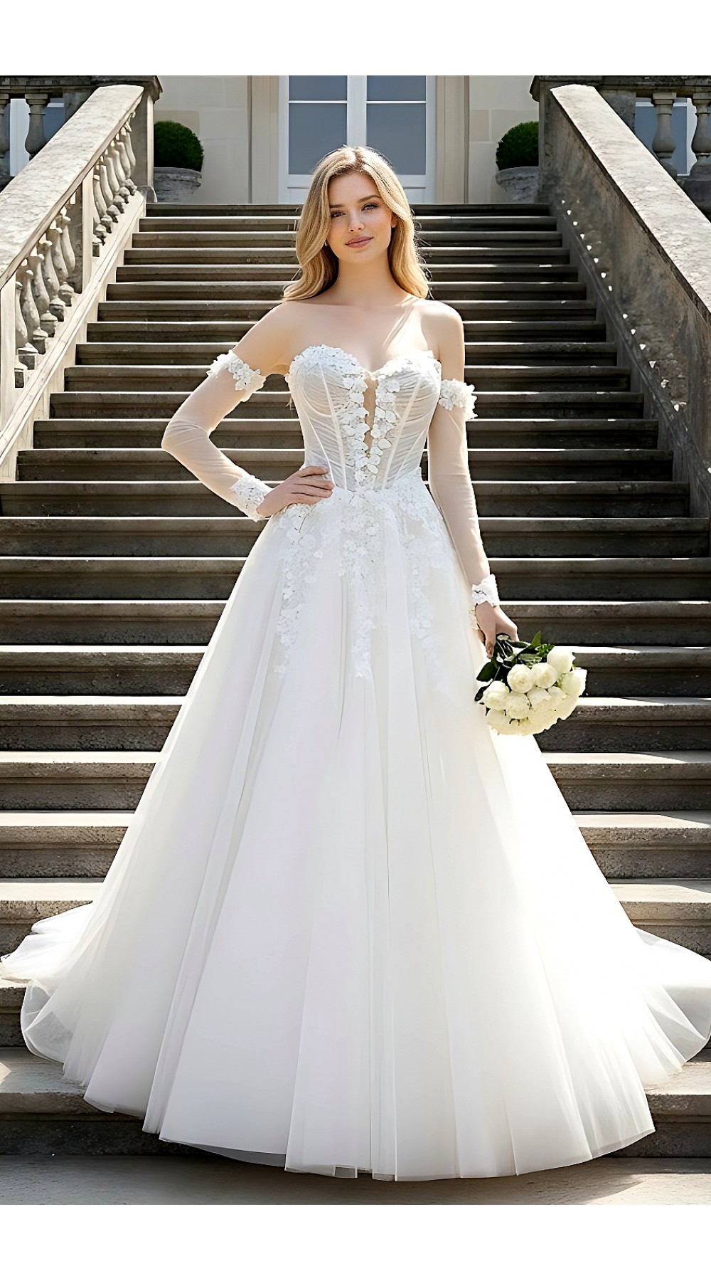 Wedding Dress - 3-D Floral Lace Applique Tulle Ruched Bodice Basque Waist A-line with Detachable Long Sleeves - LV-A6005