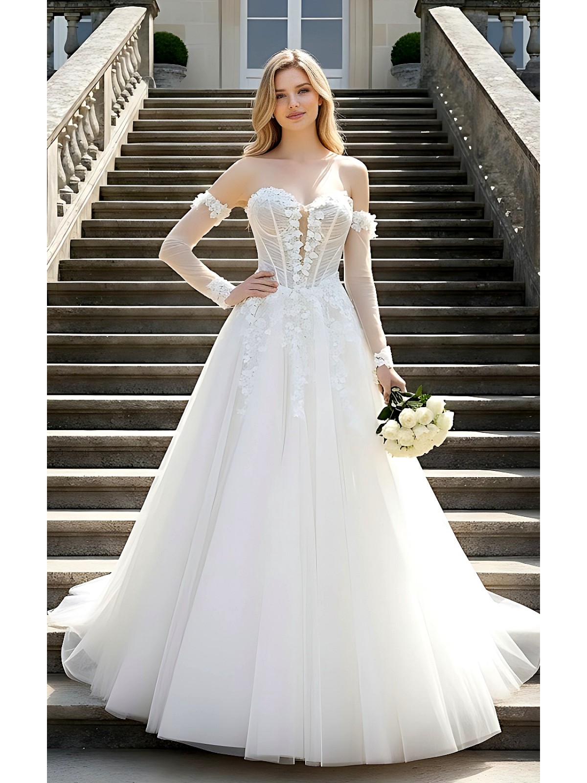 Wedding Dress - 3-D Floral Lace Applique Tulle Ruched Bodice Basque Waist A-line with Detachable Long Sleeves - LV-A6005