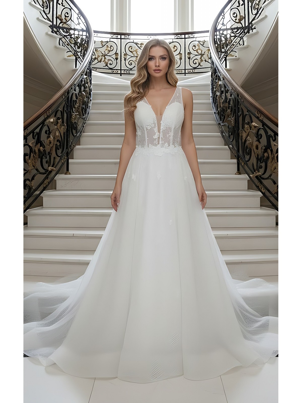 Fitted and Flare Glitter Embroidery Tulle with Overskirt Wedding Dress - LV-F5001OS