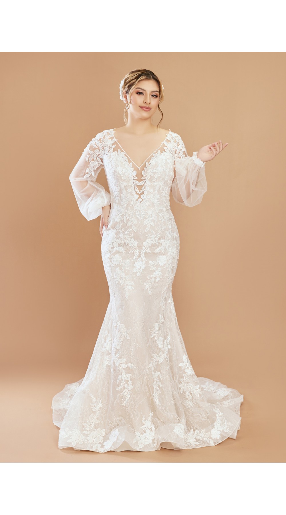 Puff Long Sleeves Mermaid Plunge V-Neck Wedding Dress - LV-F6002