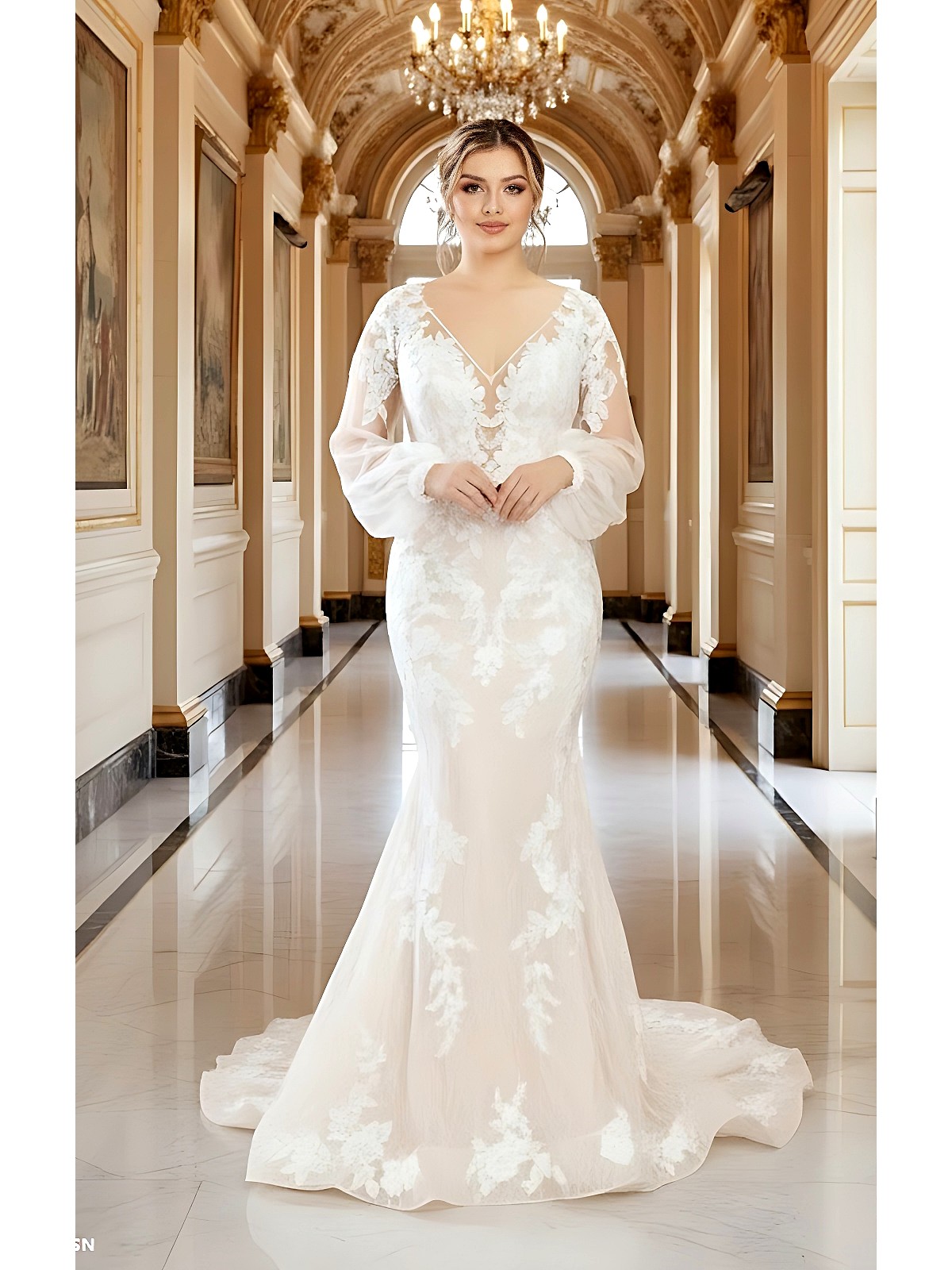 Mermaid Sequined Lace Appliqued Tulle Plunge V-Neck with Bishop Long Sleeves Wedding Dress - LV-F6002
