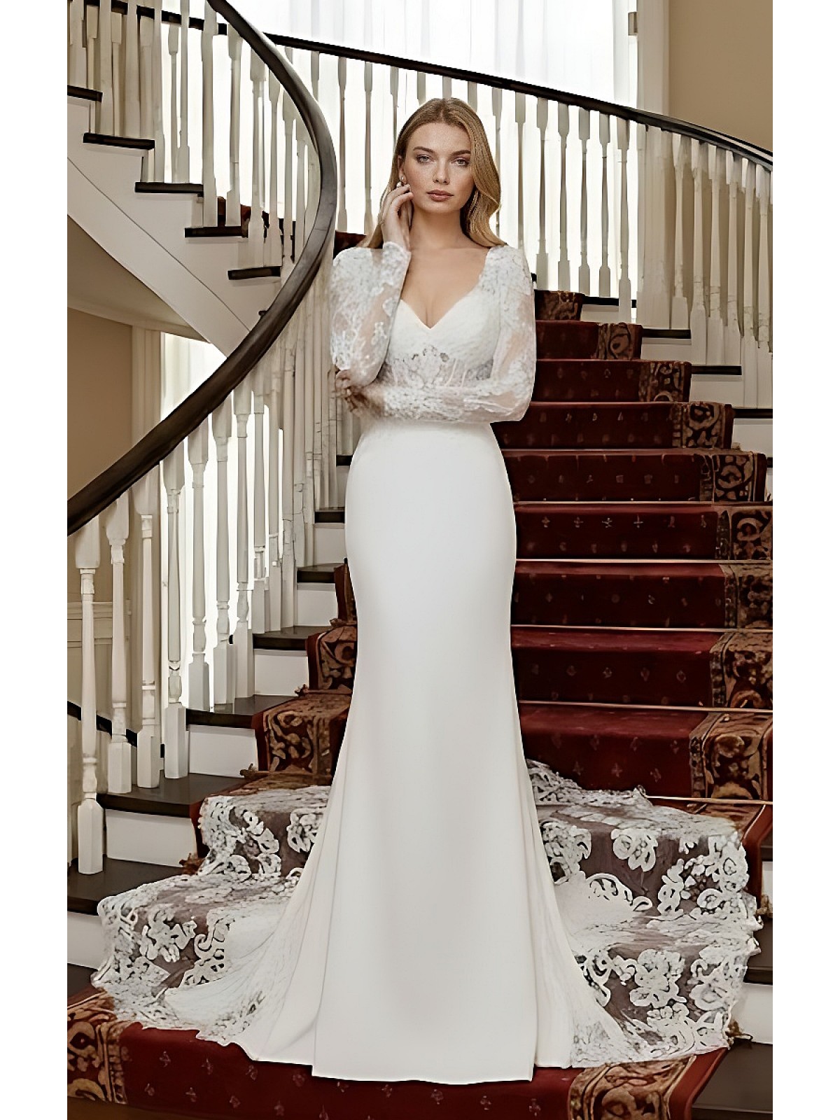 Crepe Beaded Floral Long Sleeves Fitted and Flare Wedding Dress with Sheer Lacy Train - LV-F6007