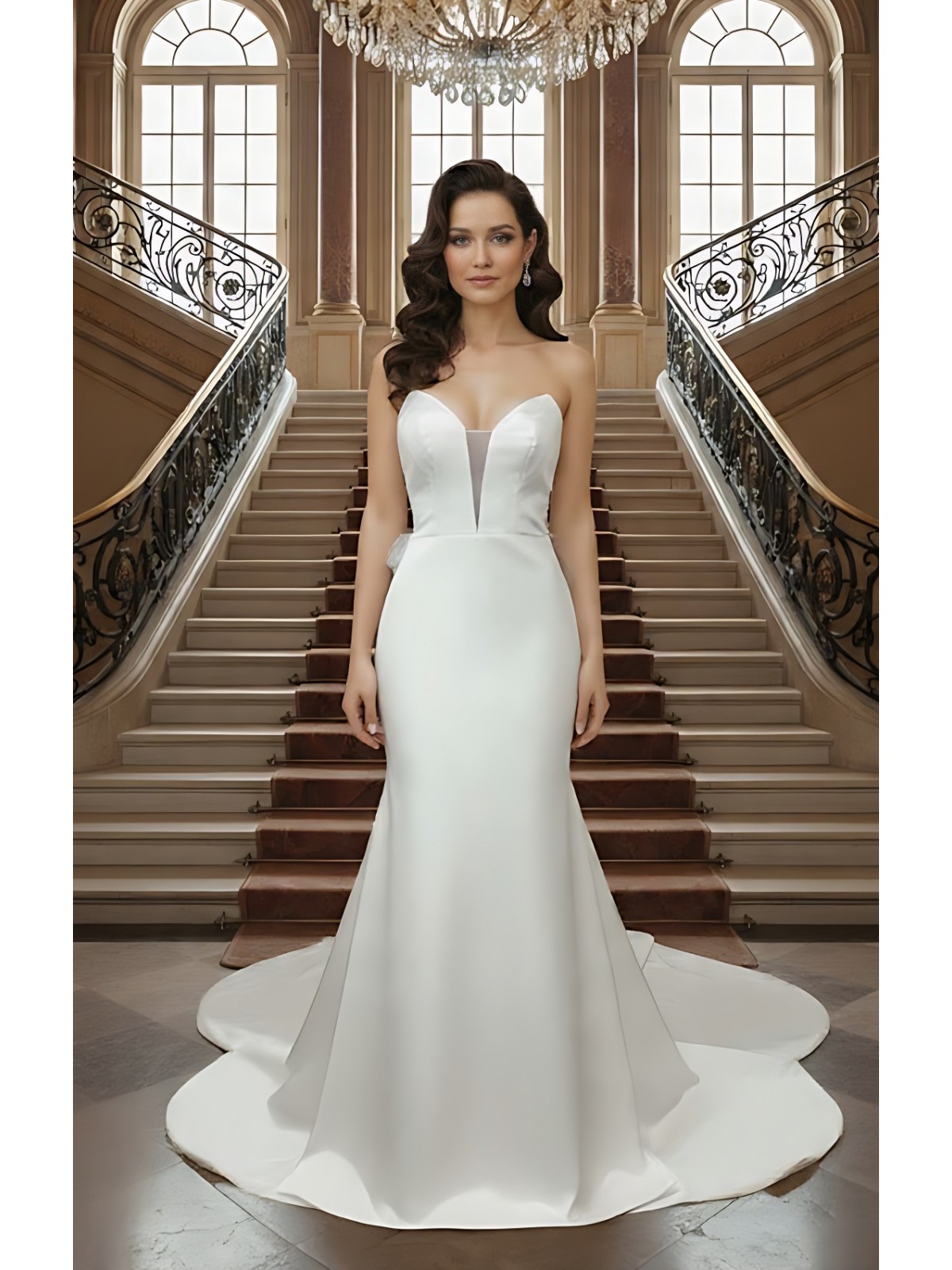 Fitted and Flair - Satin Wedding Dress with Detachable Bow and Overlay - LV-M1002
