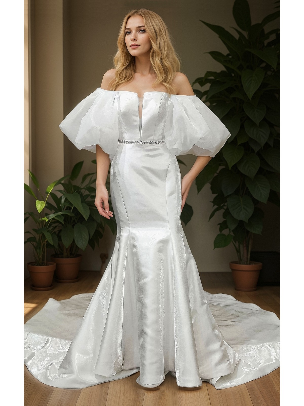 Glossy Satin Sleeveless Plunge V Mermaid Wedding Dress with Detachable Balloon Sleeves - LV-M1003