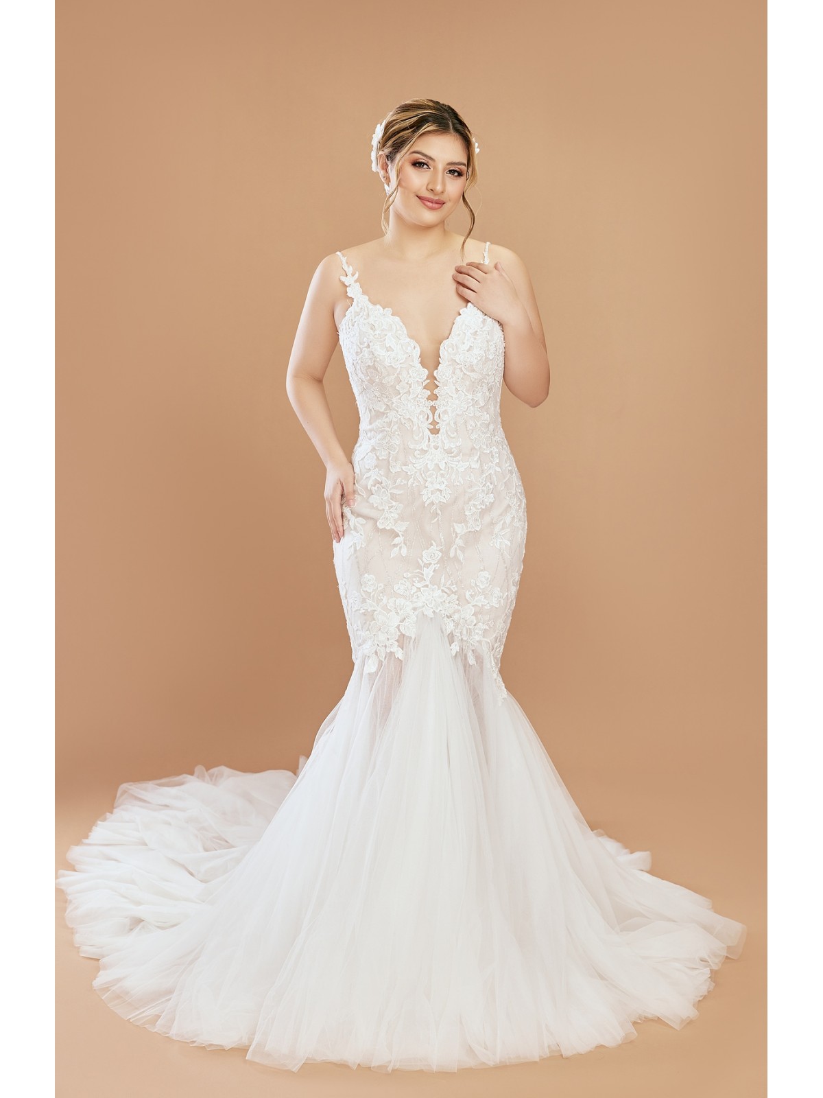 Floral Spaghetti Straps Mermaid Plunge V-Neck Wedding Dress - Plus Size - LV-M2001P