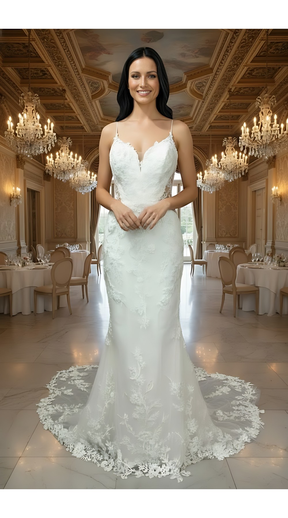 Luxury Beaded Floral Lace Mermaid Gown with Spaghetti Straps, Plunging V-Neck, and Dramatic Low Back - LV-M2004