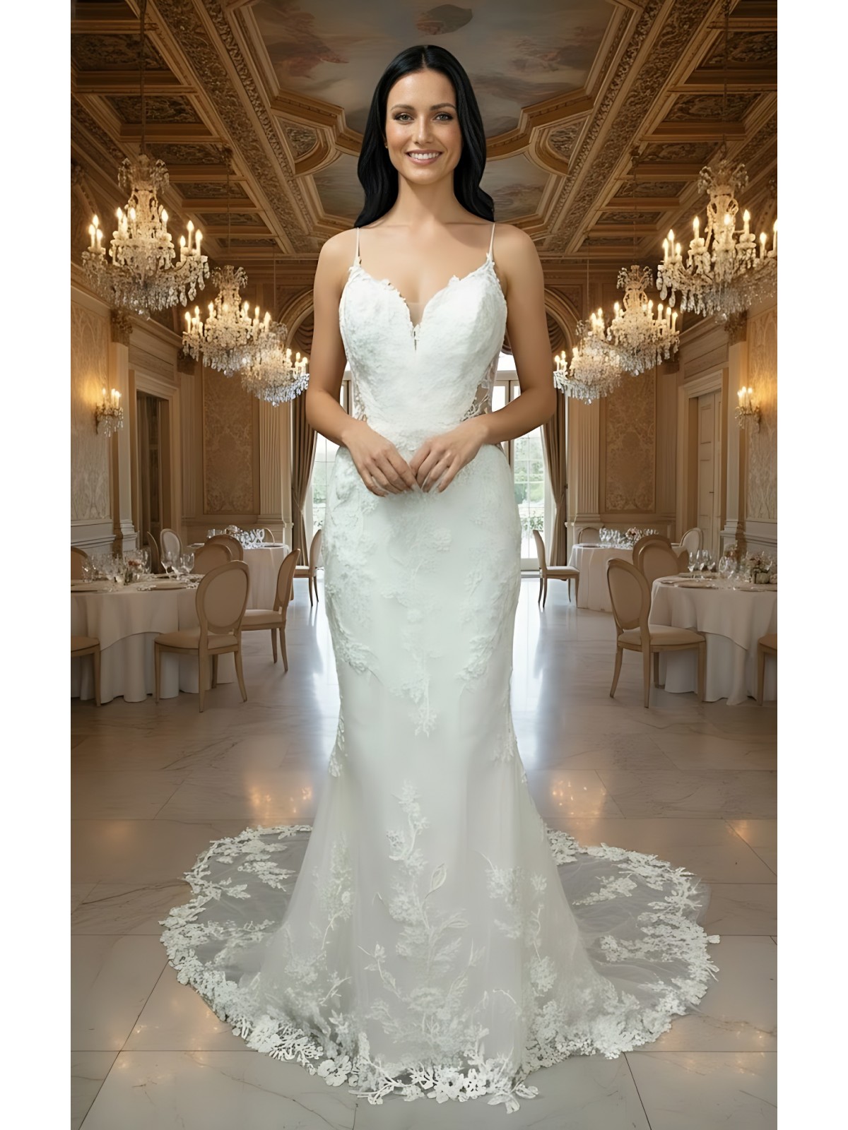Luxury Beaded Floral Lace Mermaid Gown with Spaghetti Straps, Plunging V-Neck, and Dramatic Low Back - LV-M2004