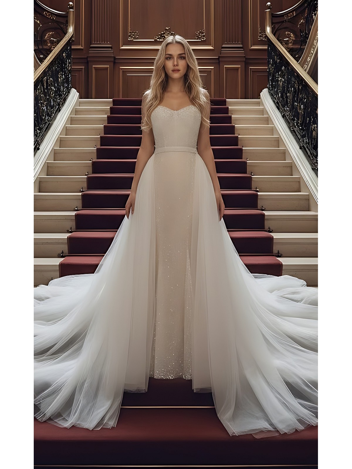 Mermaid - Heavy Beaded and Sequined Wedding Dress with Detachable Tulle Overskirt - LV-M3002OS