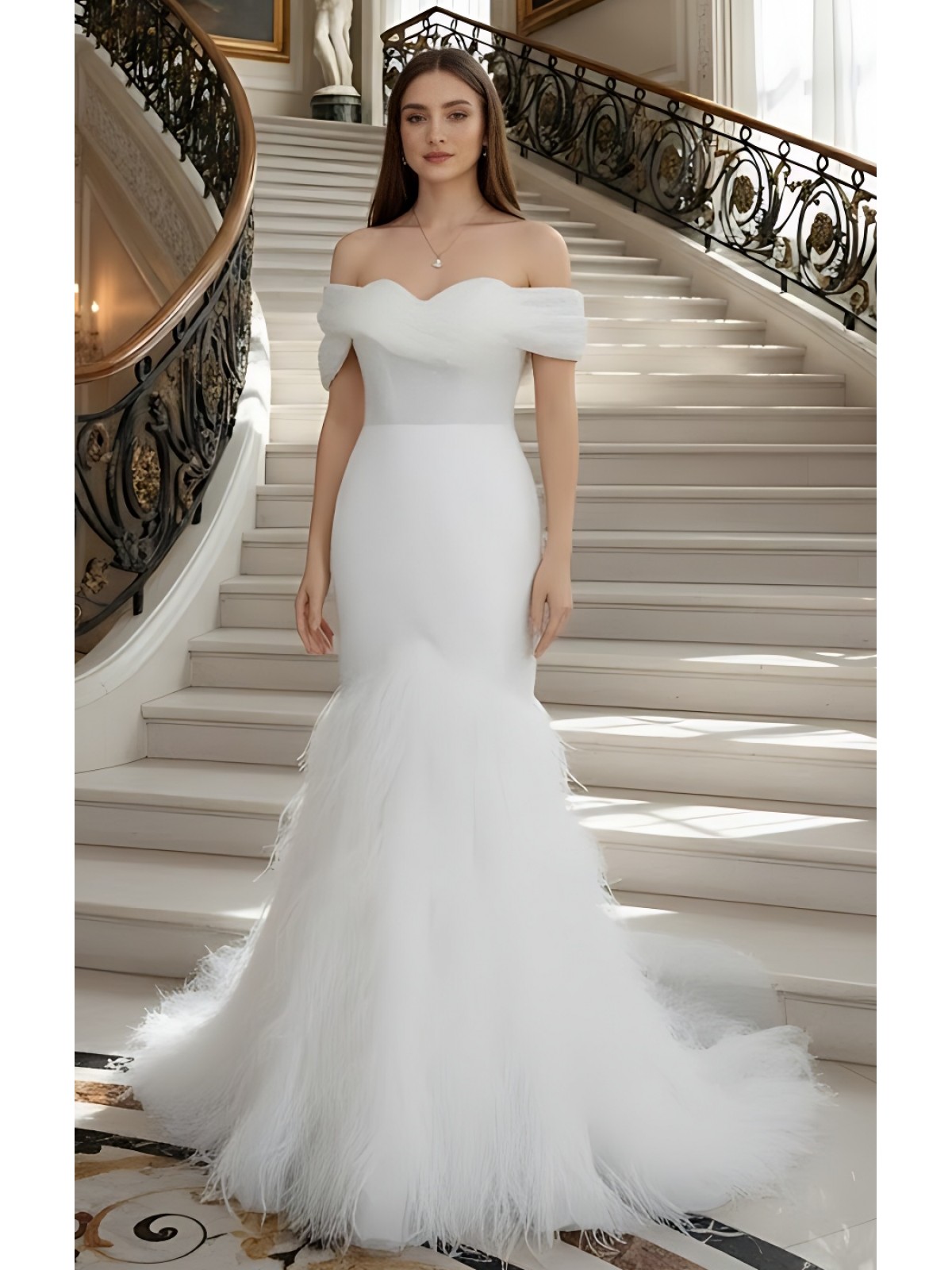 Wedding Dress - Beaded and Sequined Tulle Mermaid with Feather Skirt-  LV-M5002F