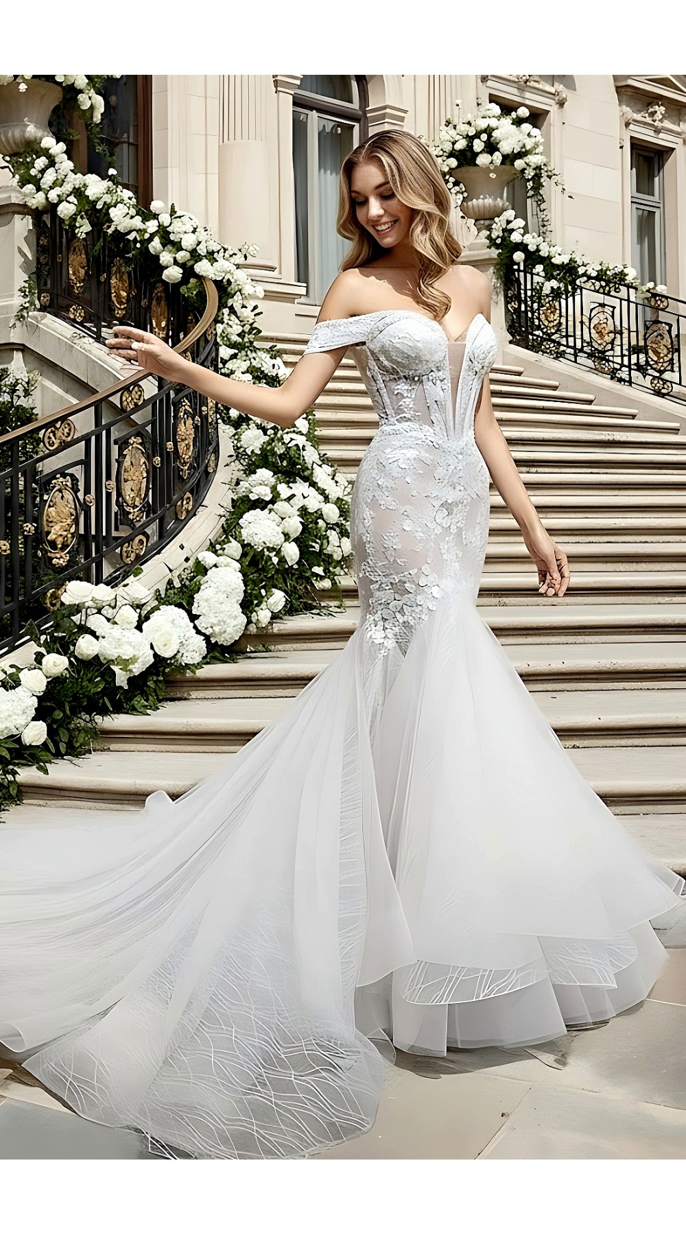 Wedding Dress - Beaded and Sequined Floral Lace Appliqued Tulle Off-Shoulder Mermaid with 3 Layered Skirt and Train - LV-M5003