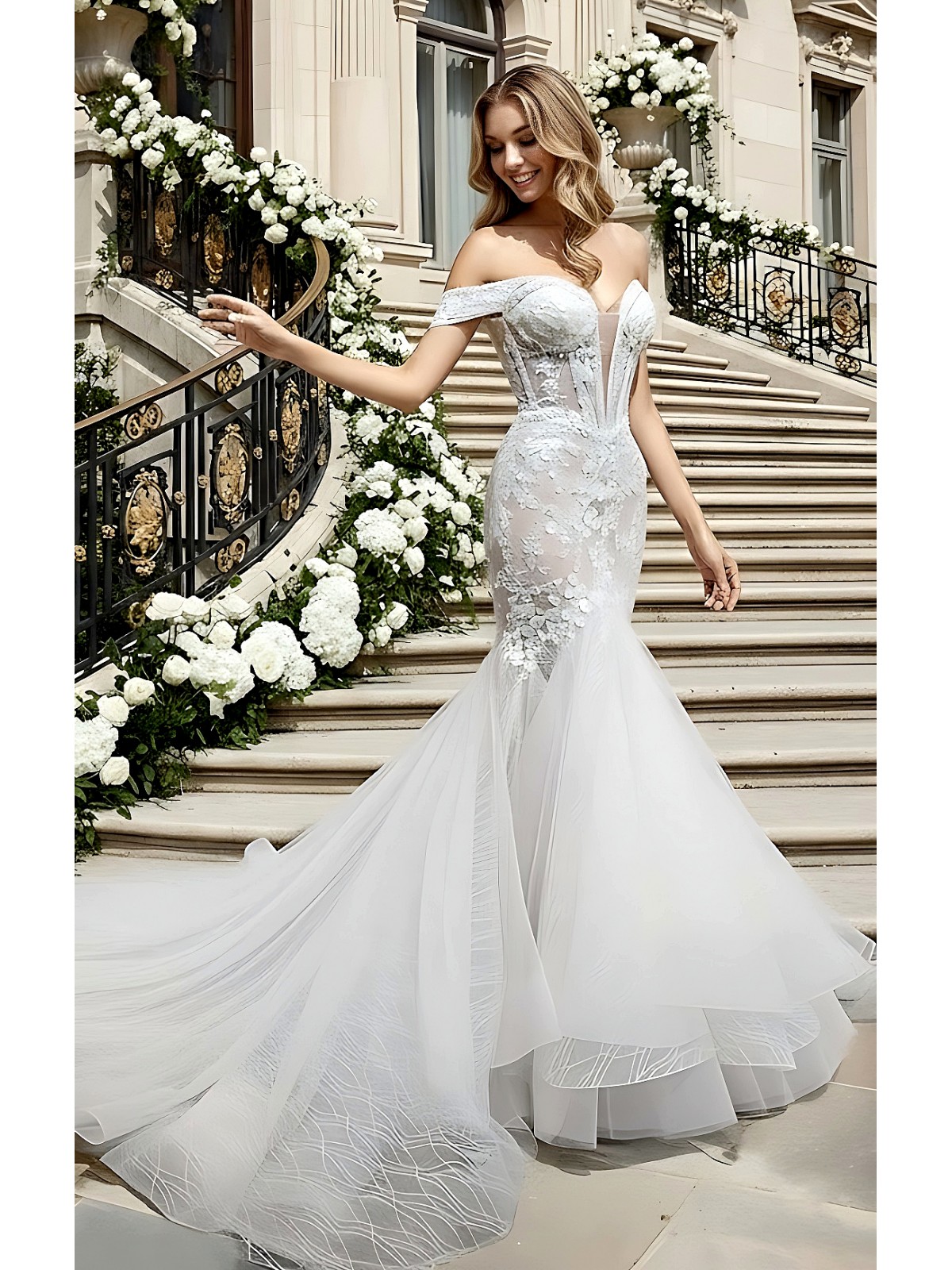 Wedding Dress - Beaded and Sequined Floral Lace Appliqued Tulle Off-Shoulder Mermaid with 3 Layered Skirt and Train - LV-M5003