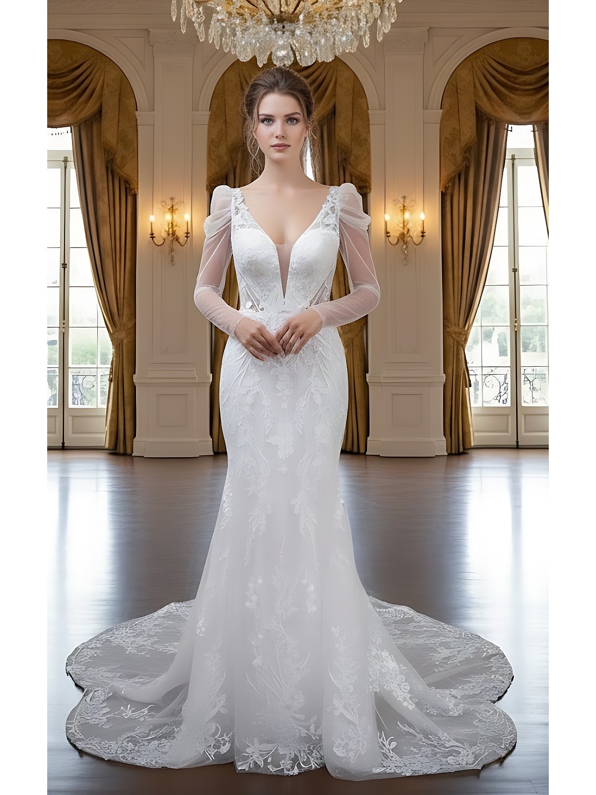 Fitted and Flair - Tulle Lace with Sheer Leg-of-Mutton Long-Sleeve Wedding Dress - LV-M6002-1A