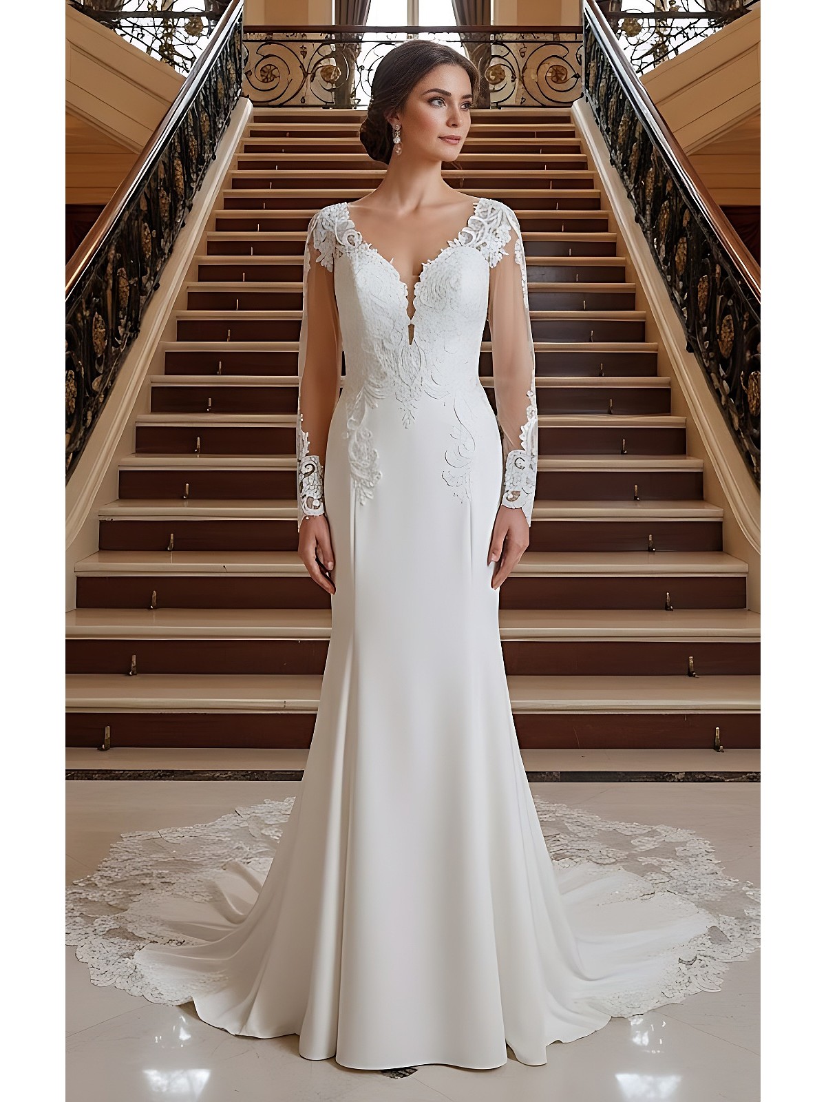 Fitted N Flare Crepe Wedding Dress with Lacy Cut-Out Train - LV-M6005