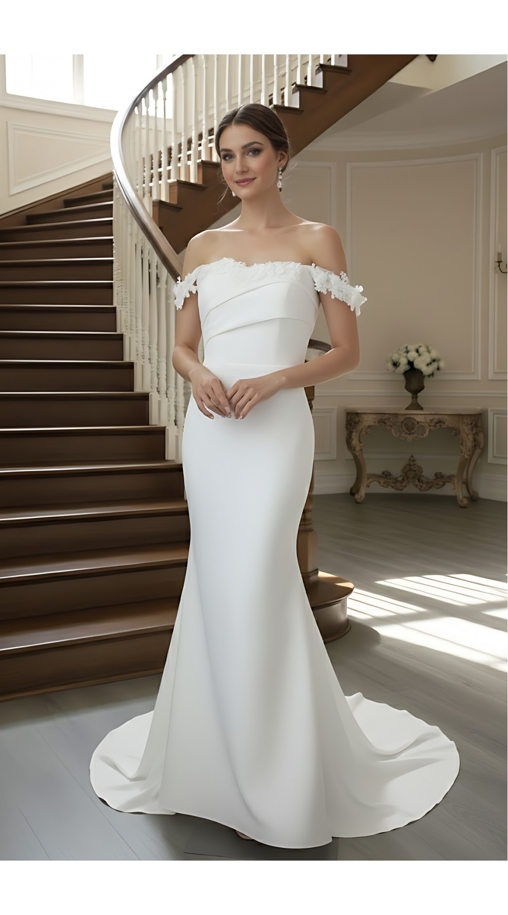 Ethereal Crepe Mermaid Gown with 3-D Floral Laces Accent Off-Shoulder Straps- LV-M6006