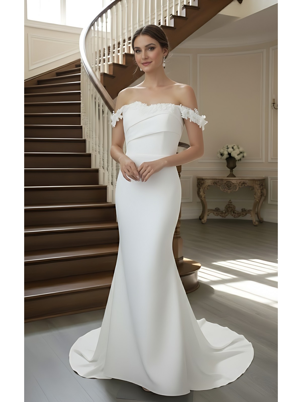 Ethereal Crepe Mermaid Gown with 3-D Floral Laces Accent Off-Shoulder Straps- LV-M6006