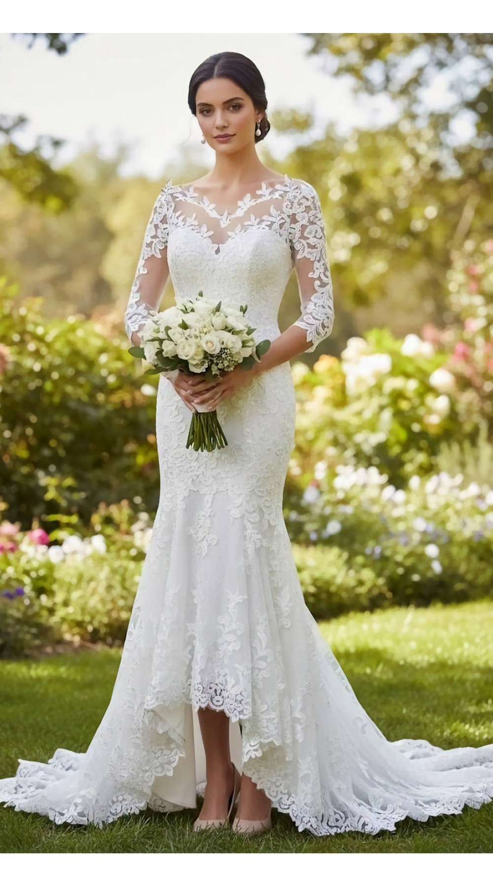 Mermaid/Trumpet Silhouette Elegant Lace Illusion with High-Low Hem - LV-M6008