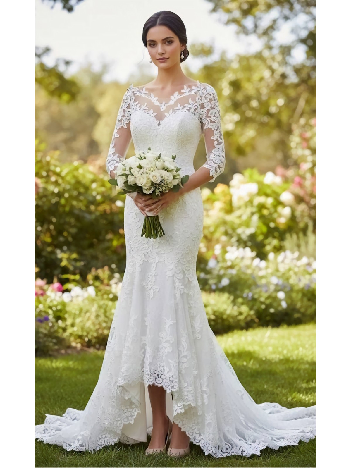 Mermaid/Trumpet Silhouette Elegant Lace Illusion with High-Low Hem - LV-M6008