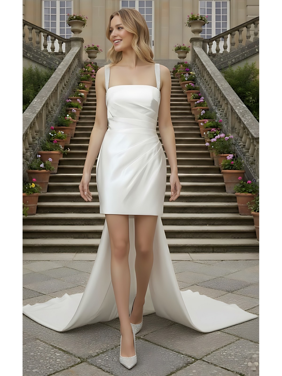 Wedding Dress - Satin Pleated Mini Skirt with Detachable Train - LV-R1001