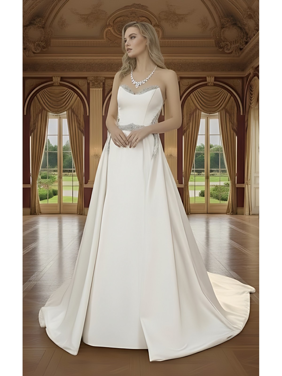 Wedding Dress - Satin Rhinnestone Floral Laces Fitted & Flair with Detachable Overskirt - LV-S1002