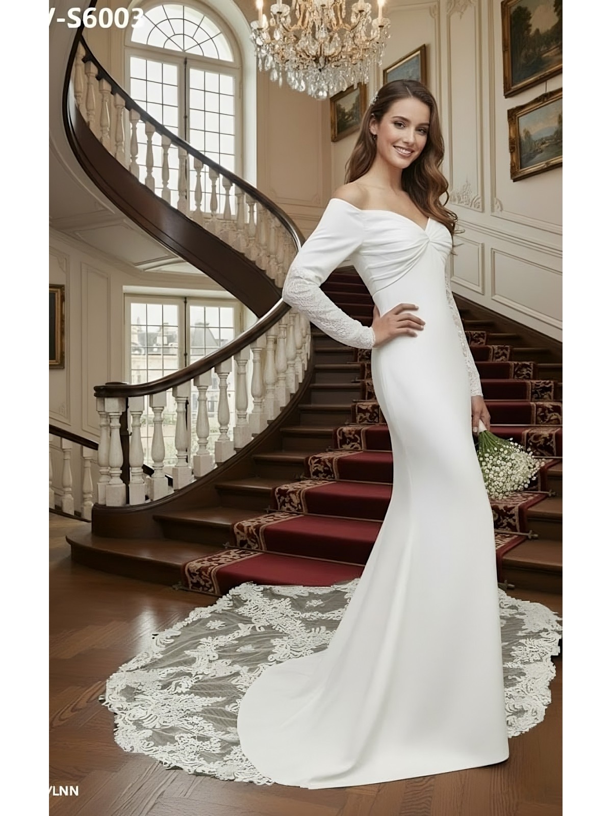 Crepe Long-Sleeve Fitted and Flair Wedding Dress  with Sheer Lacy Train - LV-S6003