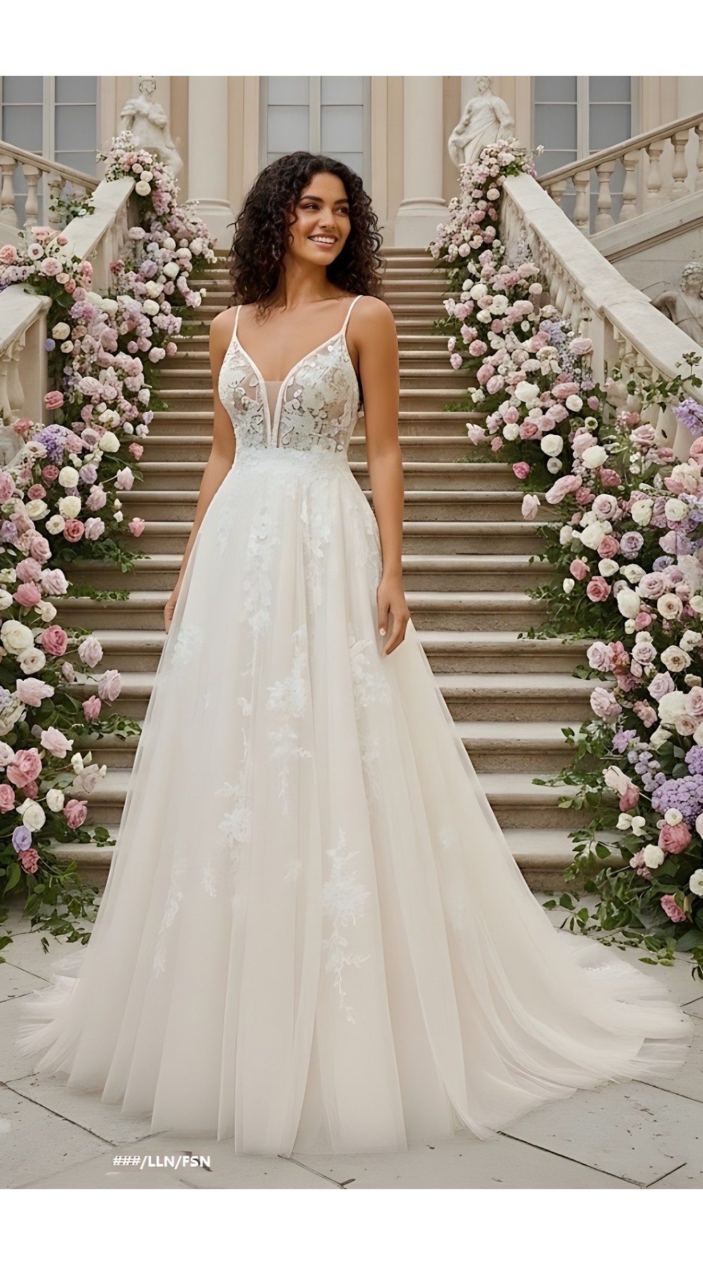 A-Line Beaded Floral Lace Appliqued Accent with Pearl Beads Plunge V neckline Tulle Wedding Dress - MO-A2004