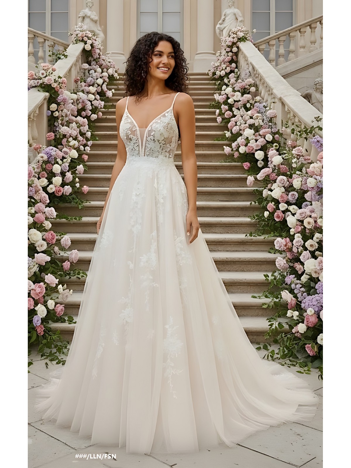 A-Line Beaded Floral Lace Appliqued Accent with Pearl Beads Plunge V neckline Tulle Wedding Dress - MO-A2004