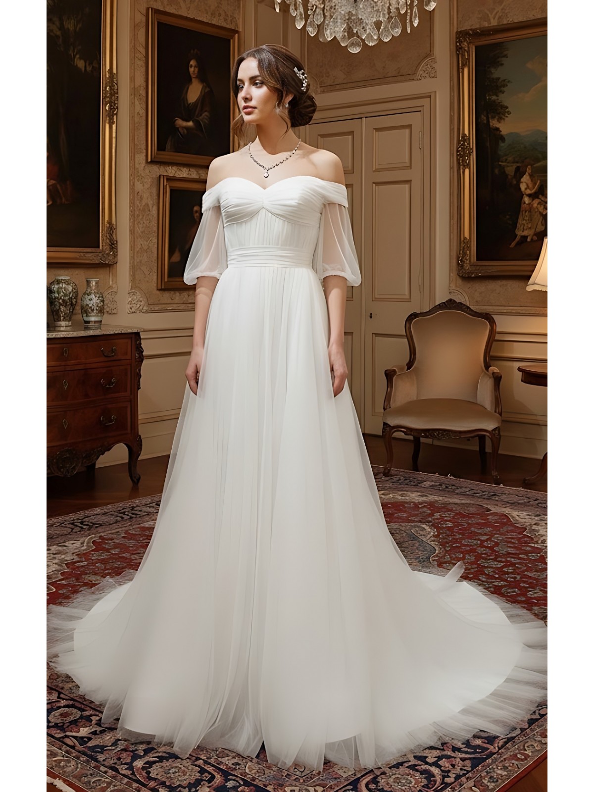 A-Line Pleated Tulle Wedding Dress with Off-Shoulder Short Sleeves- MO-A5002