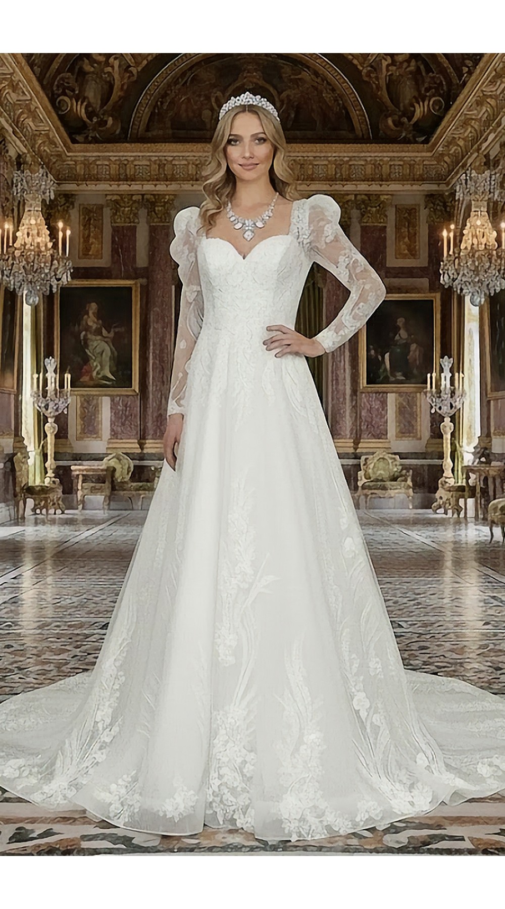 A-Line Beaded and Sequined Floral Lace Appliqued Tulle Wedding Dress with Layer of Glittery Tulle - MO-A6004