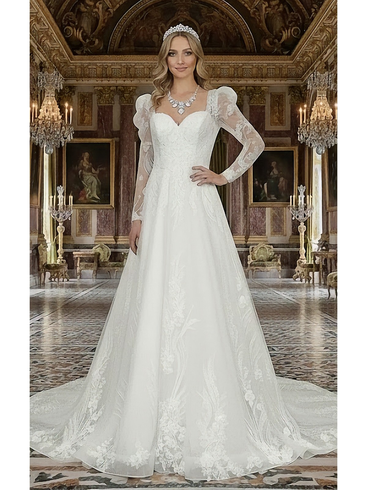 A-Line Beaded and Sequined Floral Lace Appliqued Tulle Wedding Dress with Layer of Glittery Tulle - MO-A6004