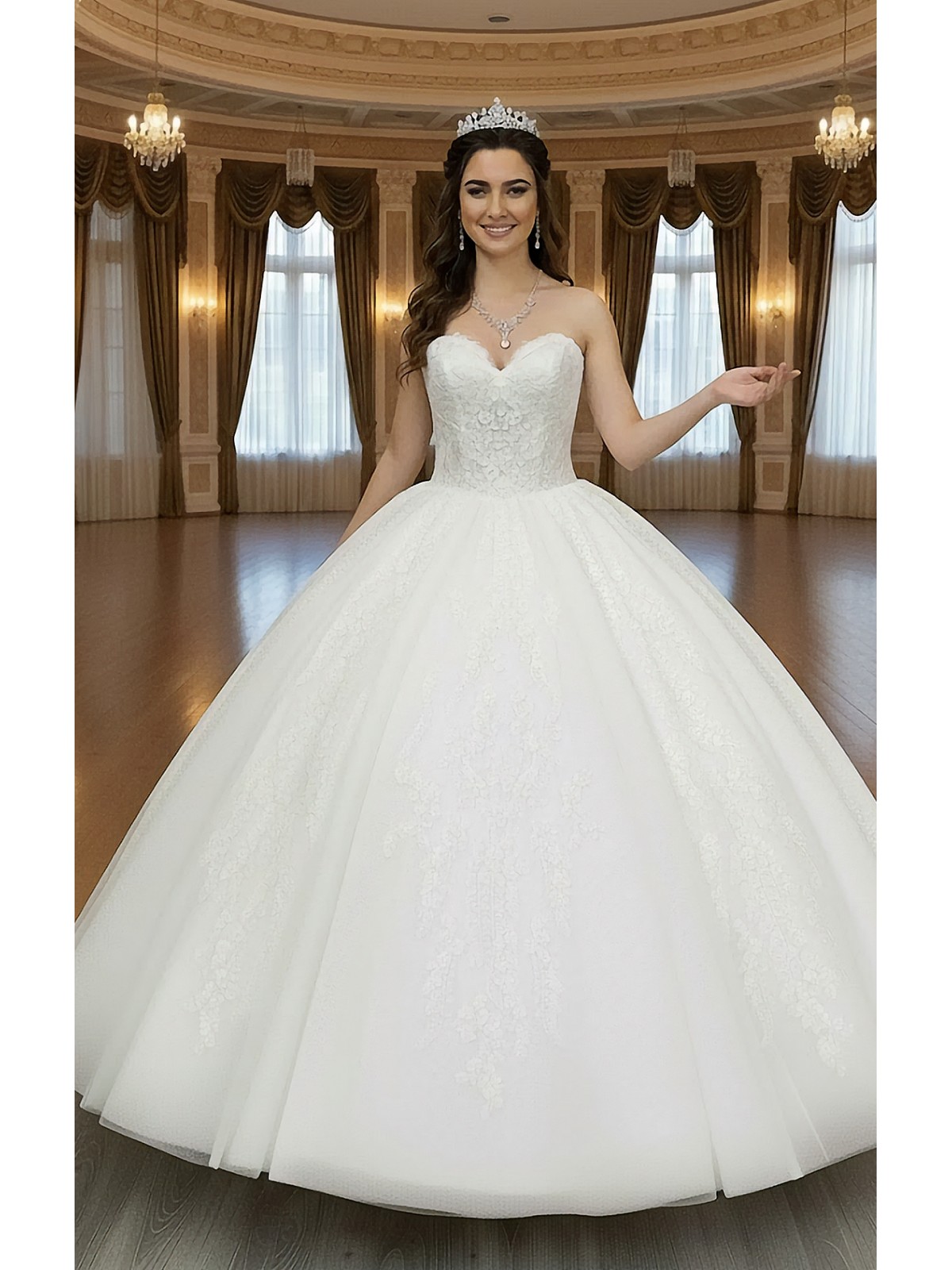 Ball Gown -Heavy Beaded and Sequined Floral Lace Appliqued Tulle Wedding Dress - MO-B1001