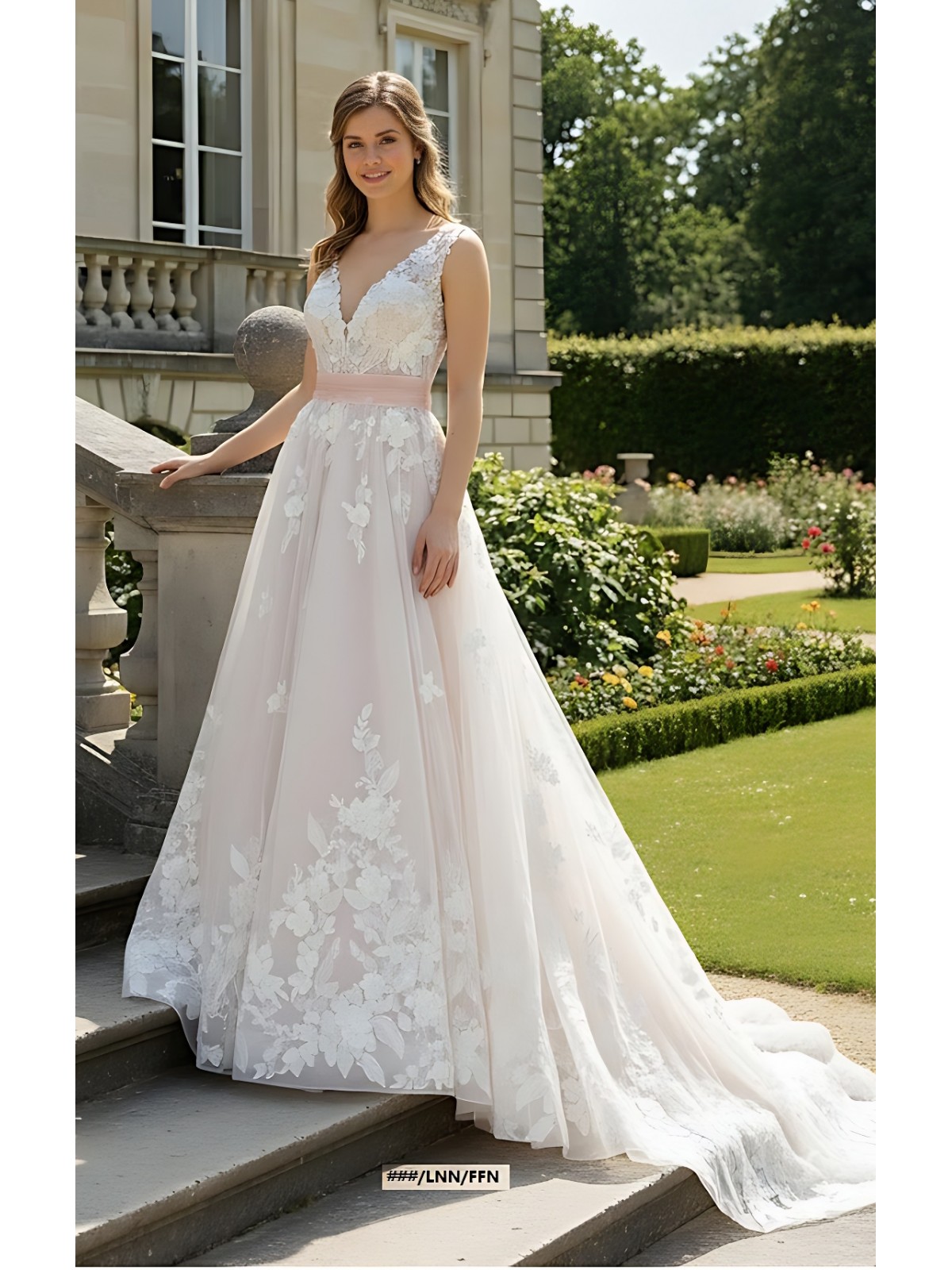 Ball Gown 3-D Floral lace Appliqued Tulle with Pleated Waist Band Wedding Dress - MO-B3001