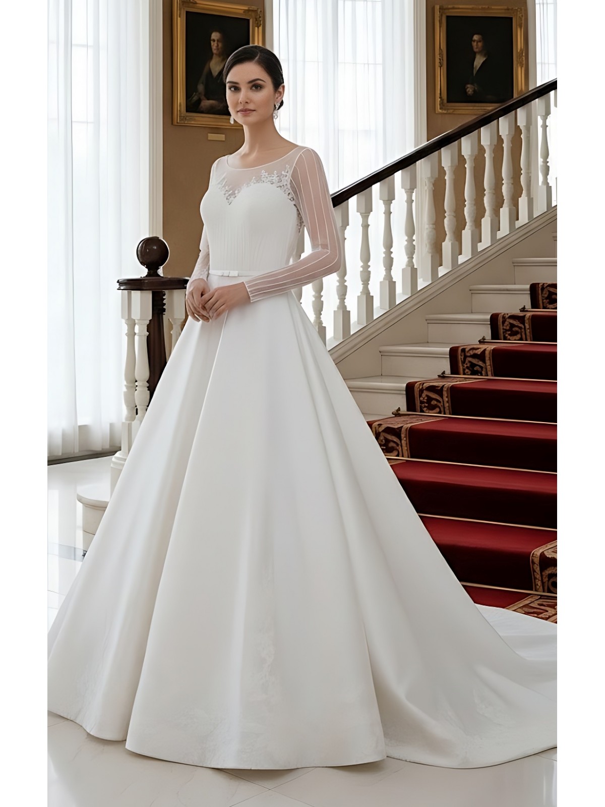 Ball Gown Beaded Linear and Floral Lace Appliqued Tulle and Satin Wedding Dress - MO-B6002