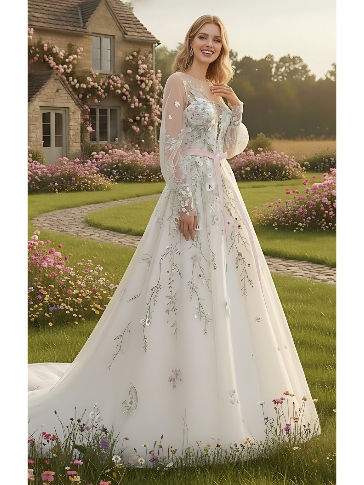 Ball Gown Pink Color Embroidery Floral Lace Appliqued Tulle with Sheer Lacy Bishop Long Sleeves Wedding Dress - MO-B6003