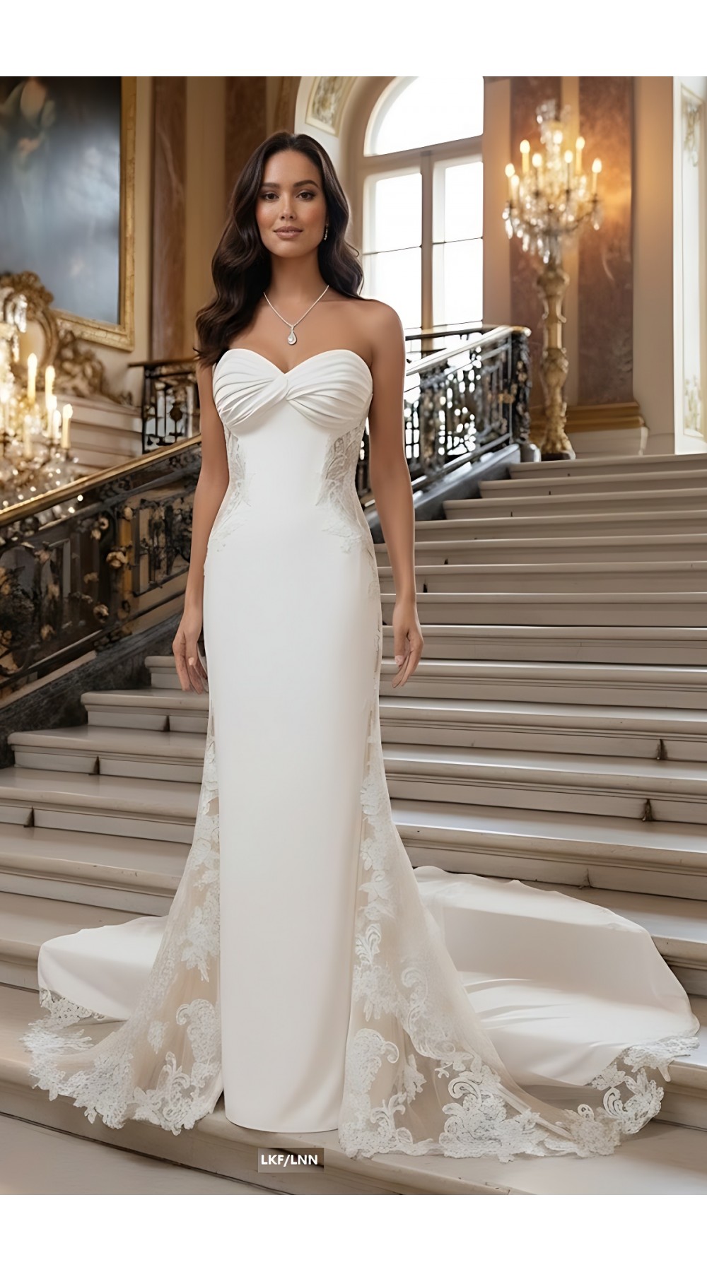 Wedding Dress - Fit and Flare Crepe Pleated Bust with Sheer Lacy Cut-outs on sides - MO-F1004