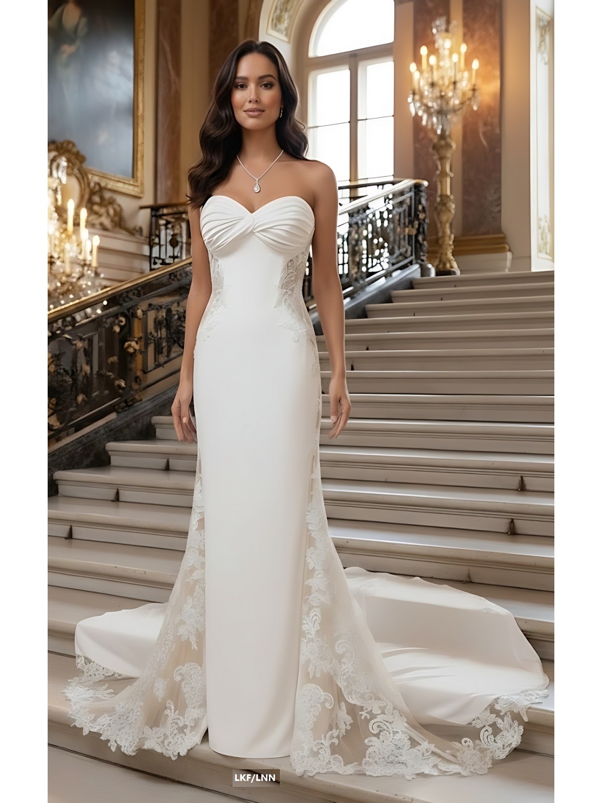 Wedding Dress - Fit and Flare Crepe Pleated Bust with Sheer Lacy Cut-outs on sides - MO-F1004