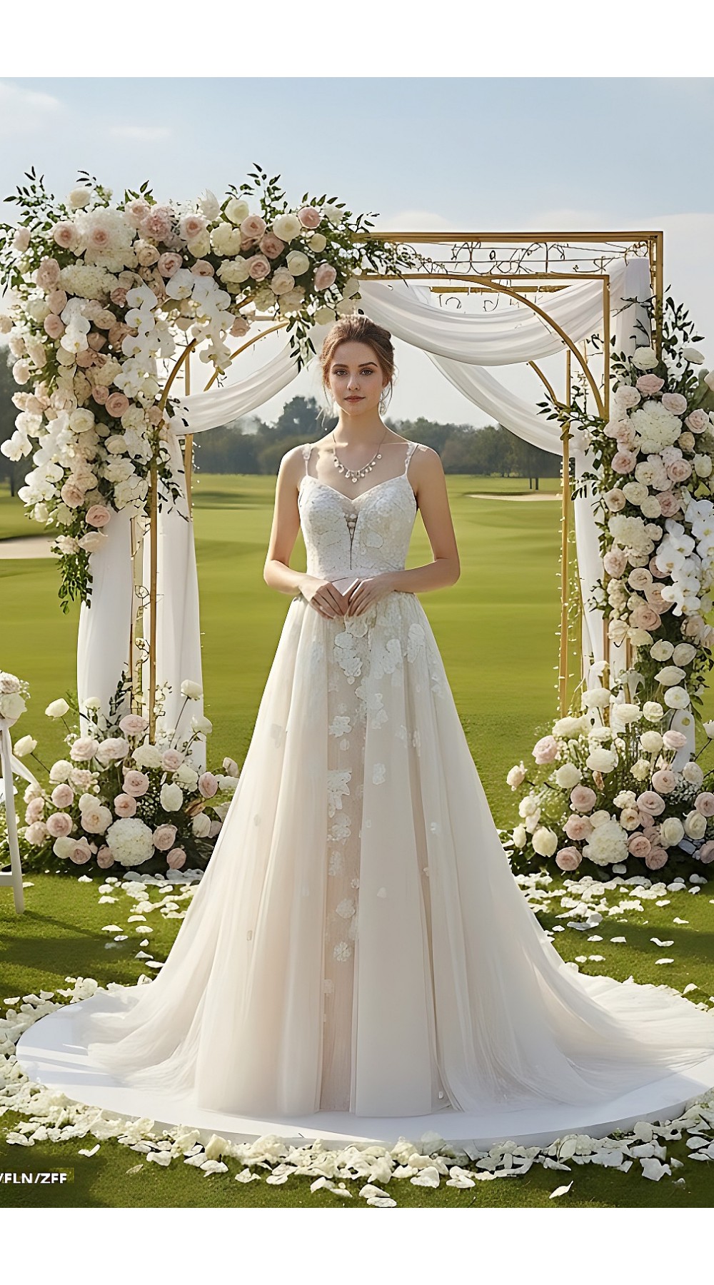Fitted and Flare - Floral Lace Appliqued Tulle Wedding Dress with Overskirt - MO-F2006