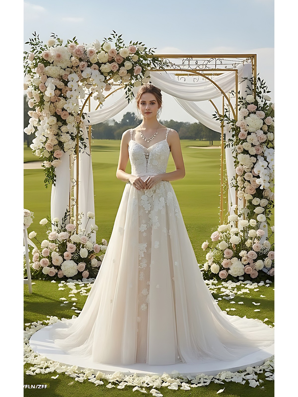 Fitted and Flare - Floral Lace Appliqued Tulle Wedding Dress with Overskirt - MO-F2006