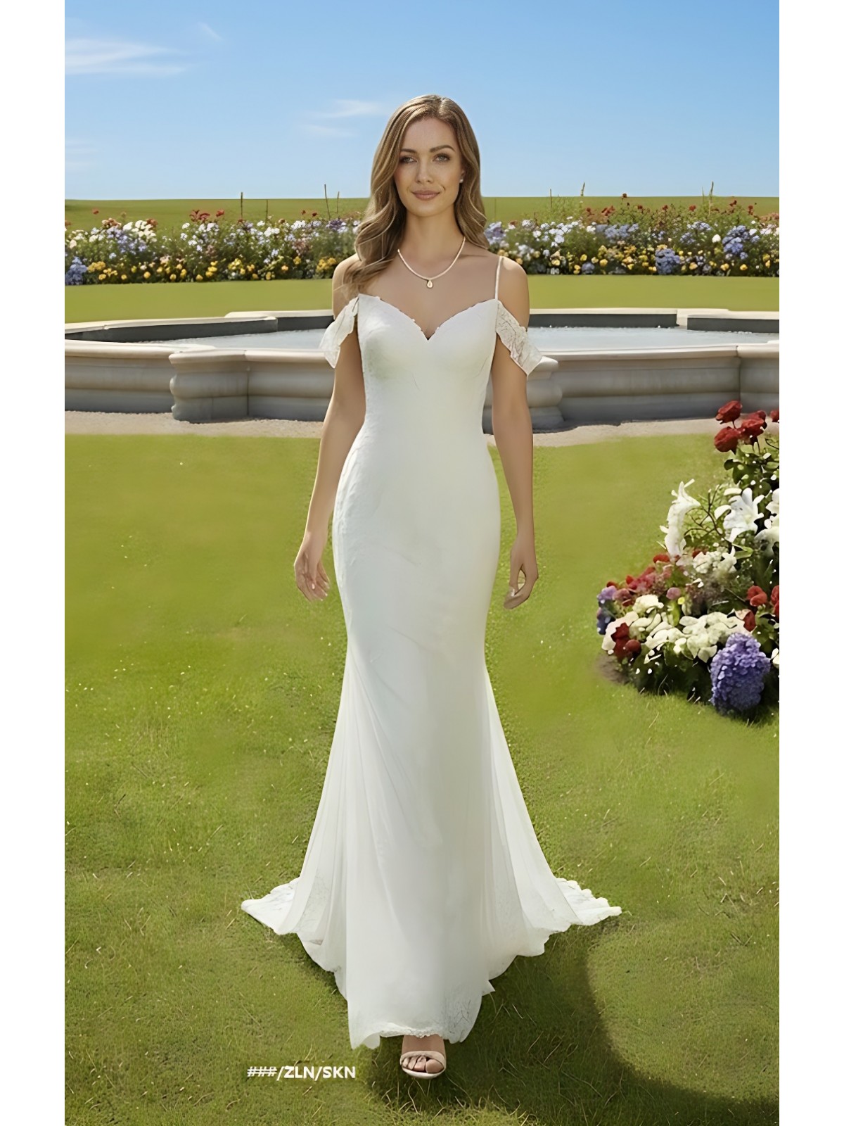 Fitted and Flare - Off the Shoulder Sequined Floral Lace Wedding Dress - MO-F5003