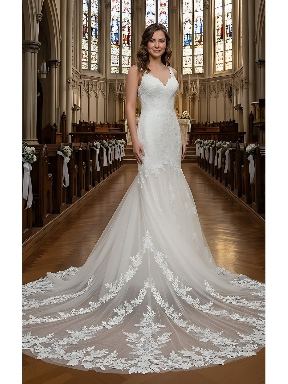 Mermaid Beaded Floral Lace Appliqued Tulle  Wedding Dress - MO-M3001