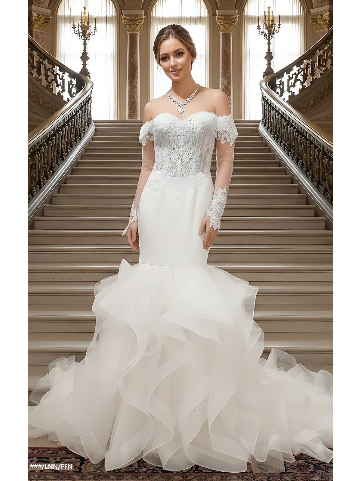 Mermaid Tulle Off-Shoulder Ruffle Skirt with Detachable Finger Ring Sheer Long Sleeves Wedding Dress - MO-M4005