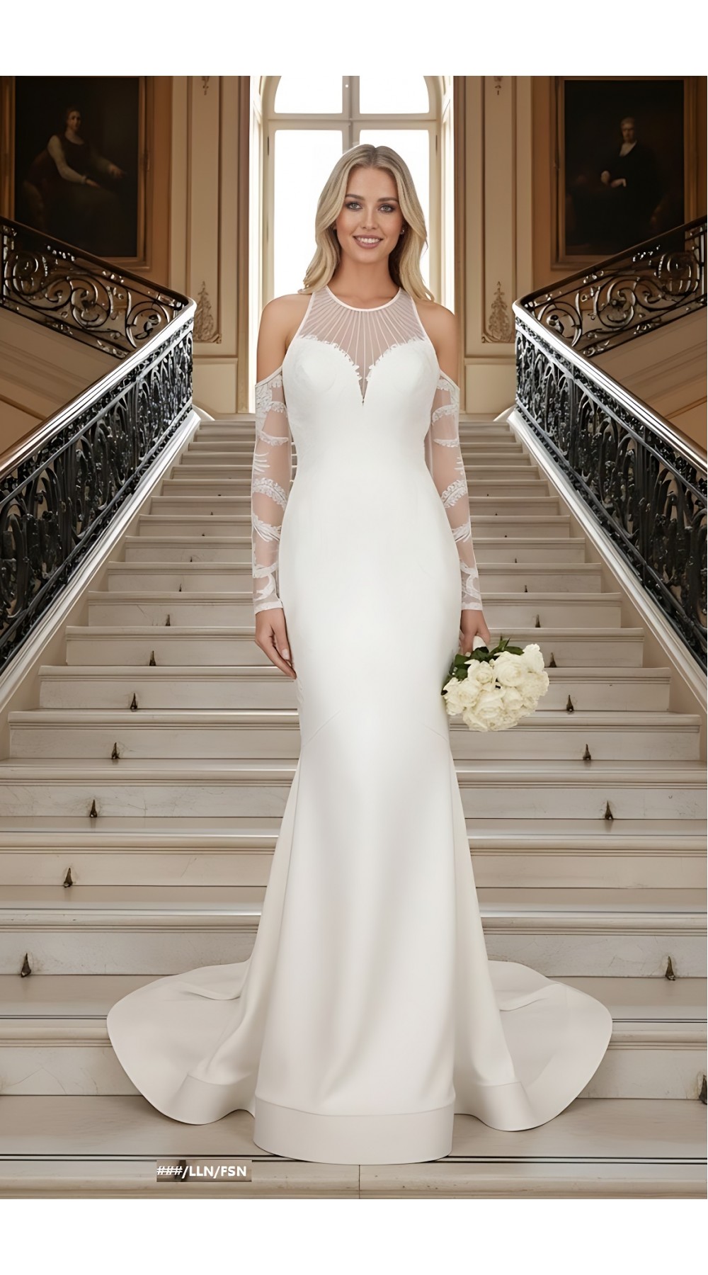 Mermaid Beaded Lace Appliqued Halter Off-Shoulder Sheer Lacy Long Sleeves  Wedding Dress - MO-M6003