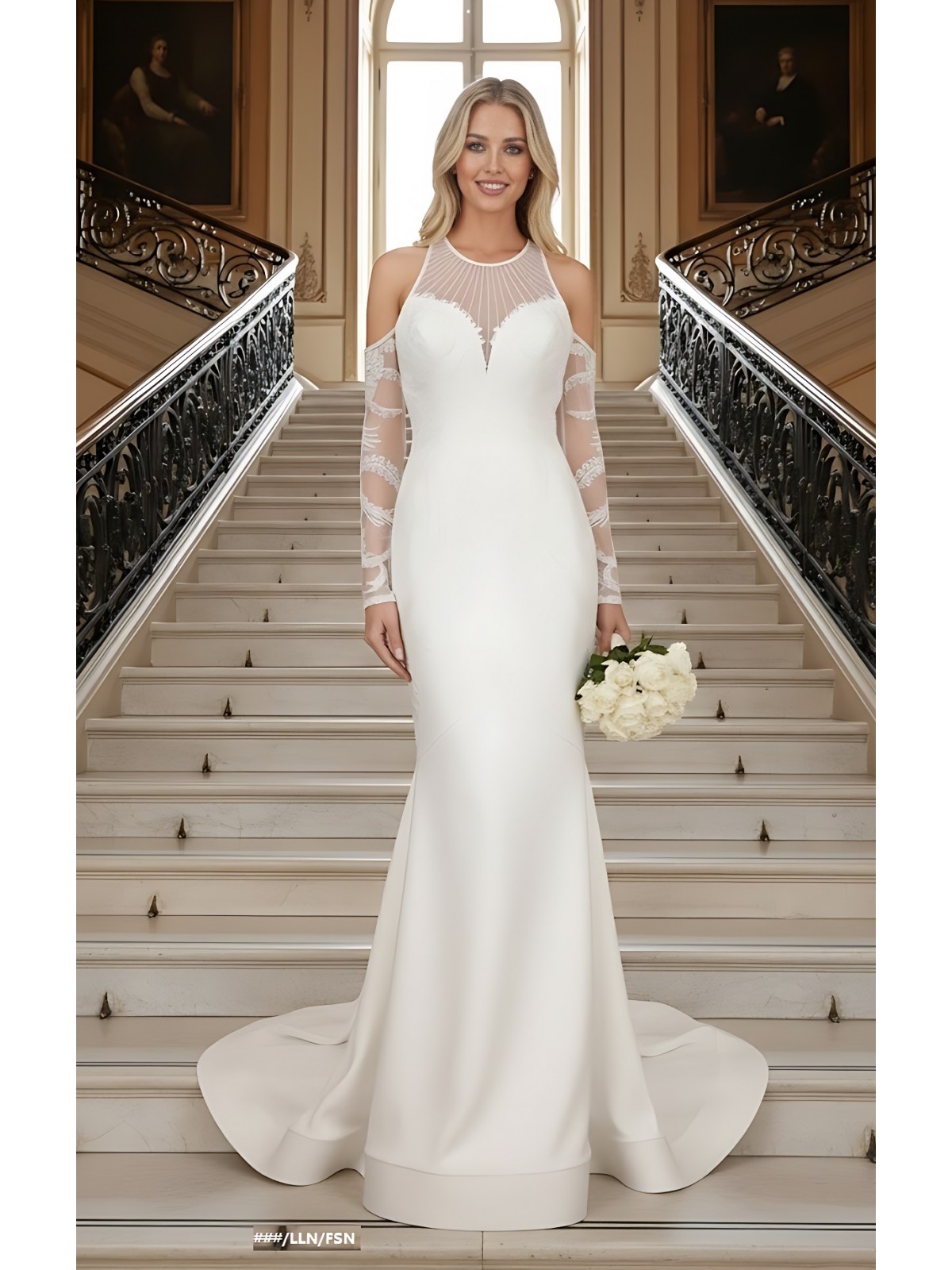 Mermaid Beaded Lace Appliqued Halter Off-Shoulder Sheer Lacy Long Sleeves  Wedding Dress - MO-M6003