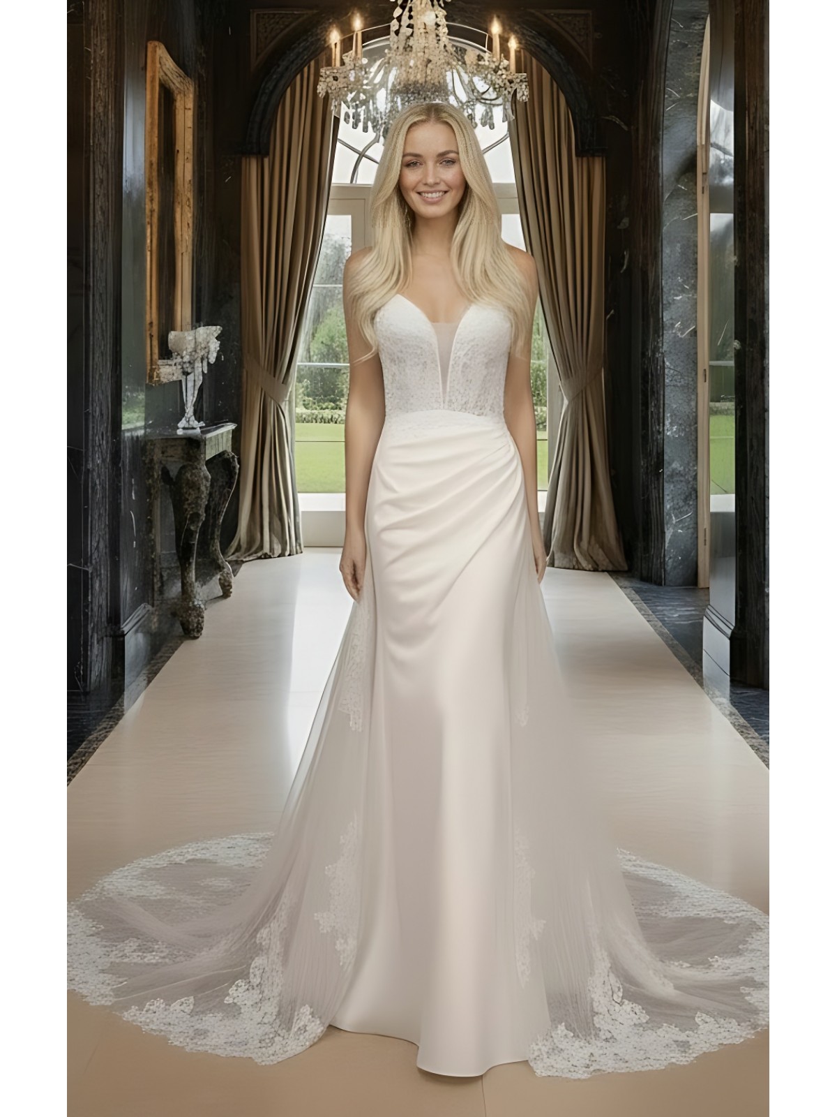 Sheath Crepe Beaded and Sequined Floral Lace Pleated Slit Skirt with Detachable Lacy Cape Wedding Dress - MO-S2001CP