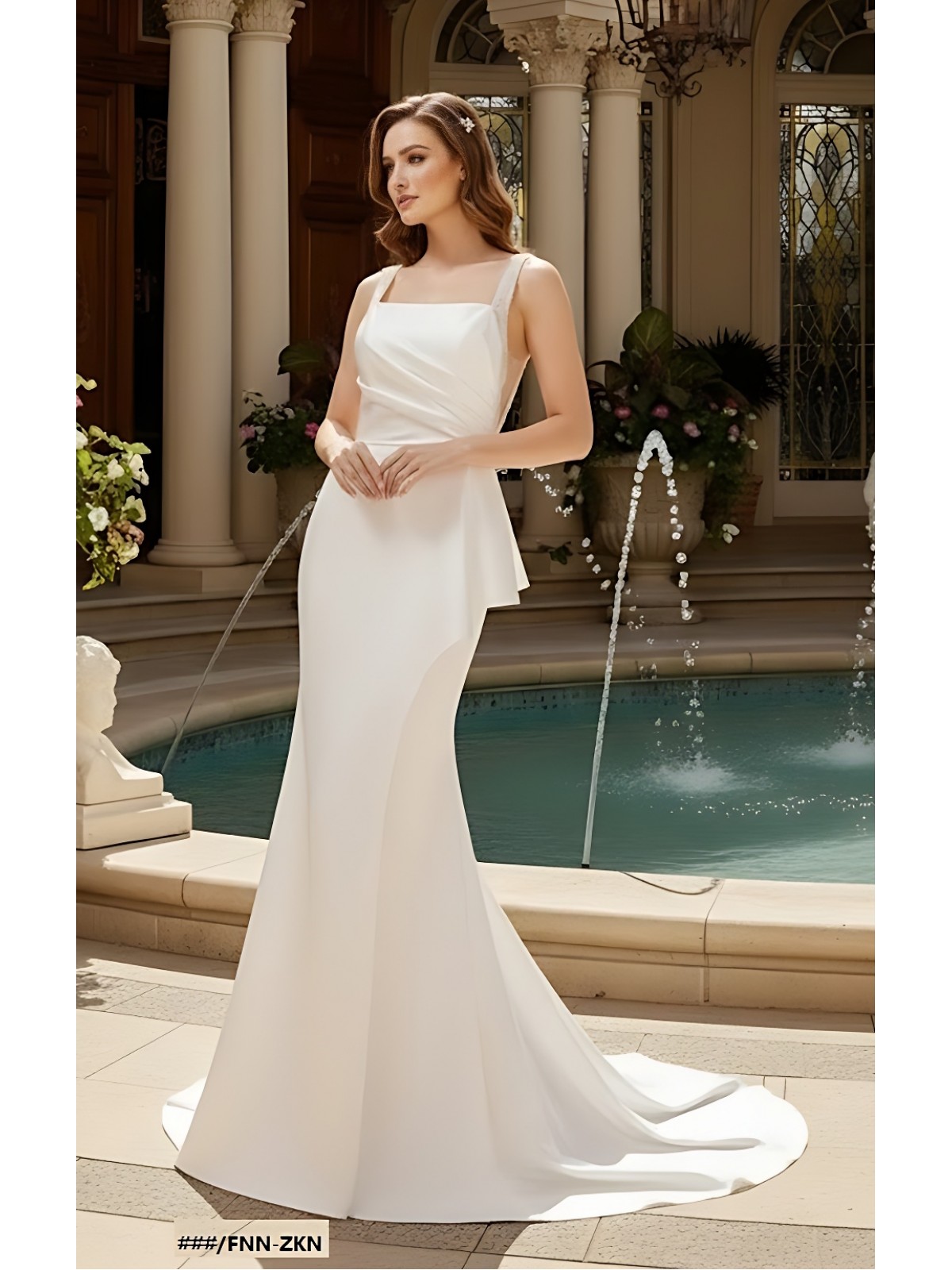 Fitted N Flare Satin Square Neckline Ruffle Slit Skirt Wedding Dress - MO-S2002