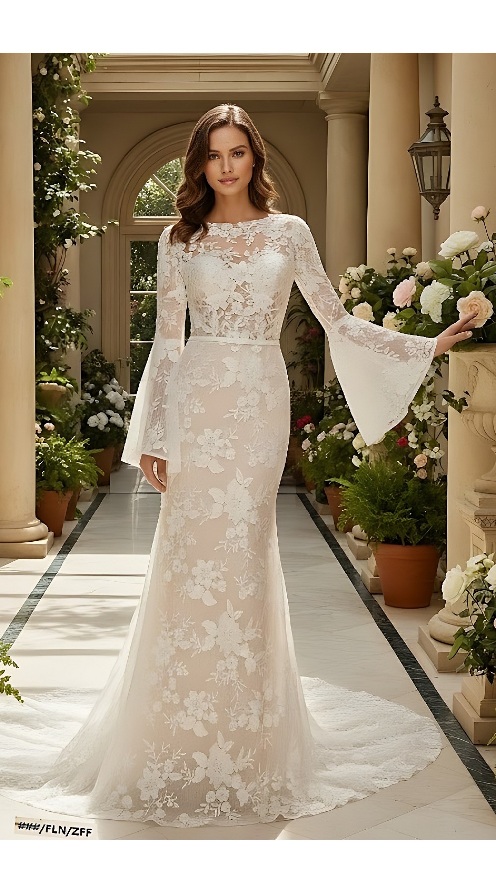 Sheath Sequined Floral Lace Bell Long Sleeves Boho Wedding Dress - MO-S6001-A