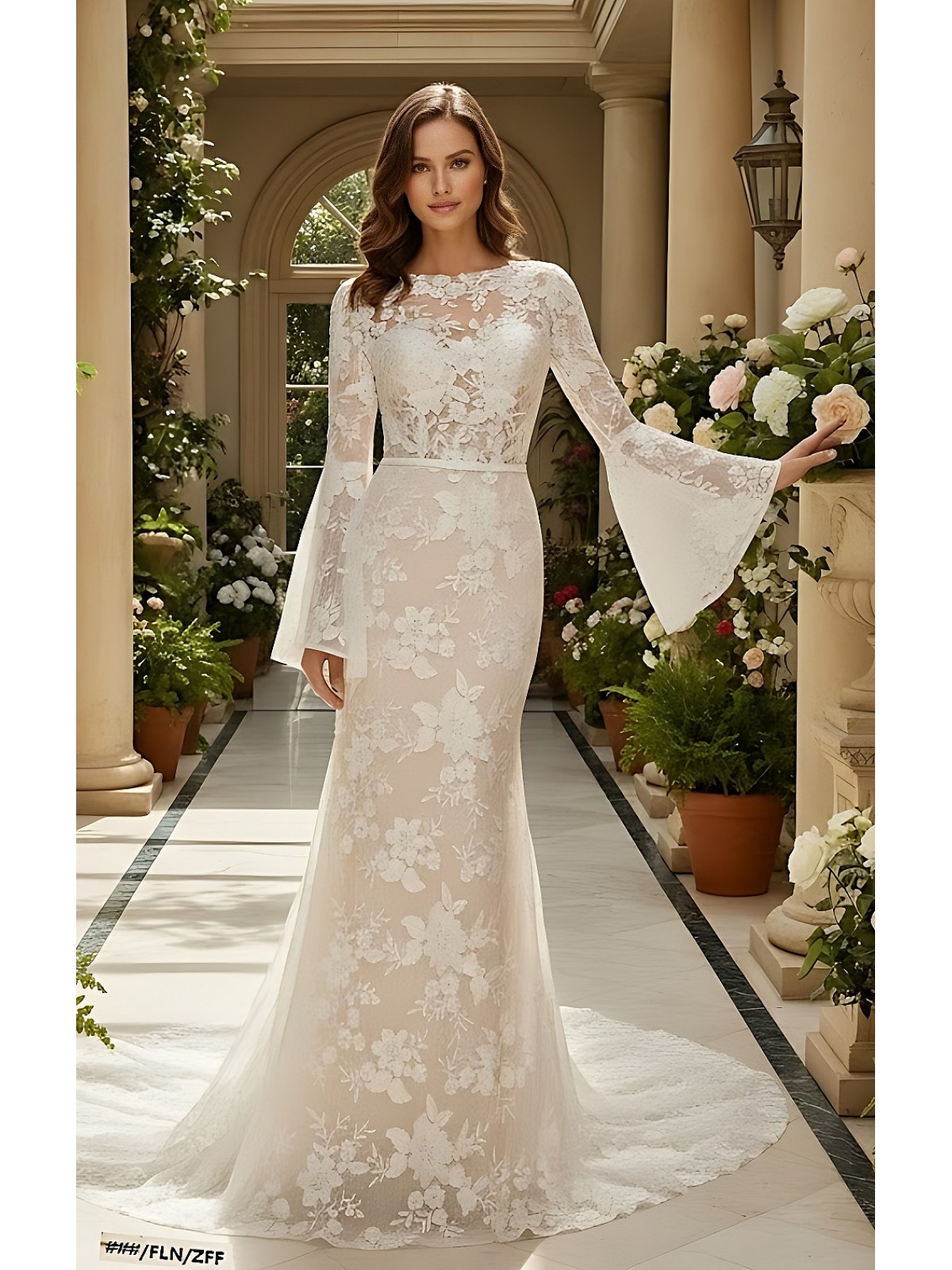 Sheath Sequined Floral Lace Bell Long Sleeves Boho Wedding Dress - MO-S6001-A