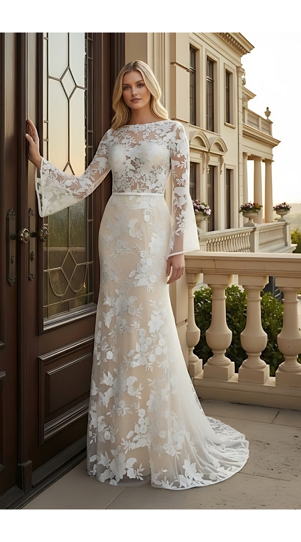 Sheath Sequined Floral Lace Bell Long Sleeves Boho Wedding Dress - MO-S6001