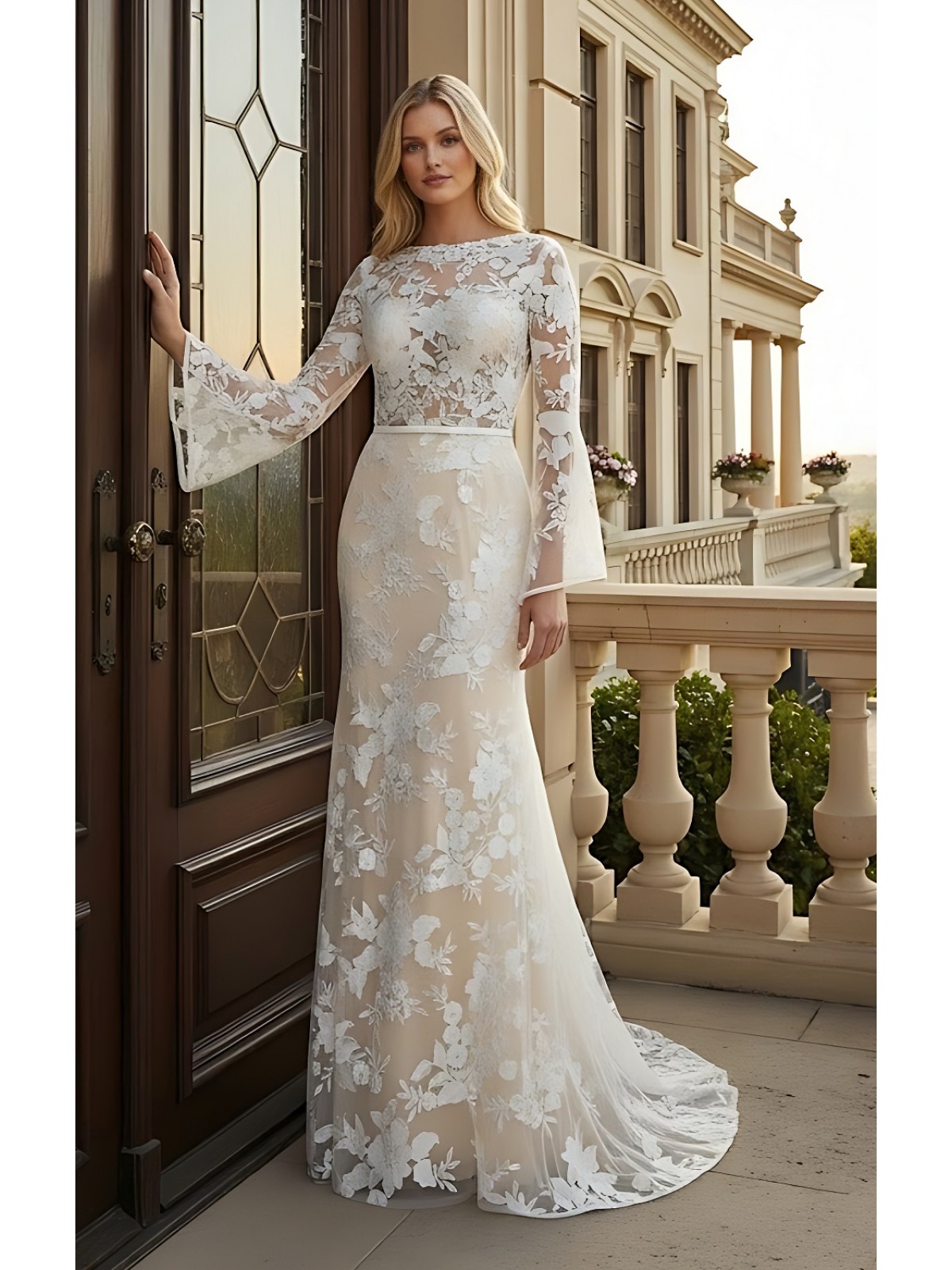 Sheath Sequined Floral Lace Bell Long Sleeves Boho Wedding Dress - MO-S6001