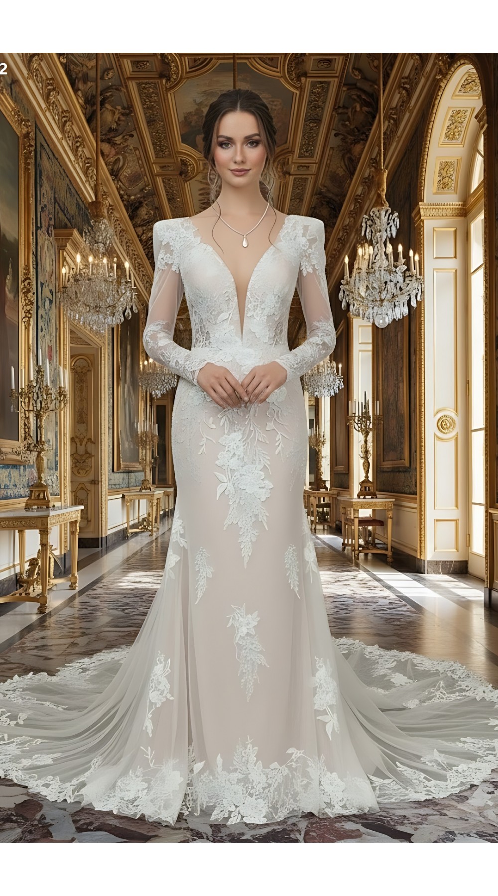 Sheath Sequined Floral Lace Cut-Out Bodice with Sheer Leg-of-Mutton Long Sleeves Wedding Dress - MO-S6002