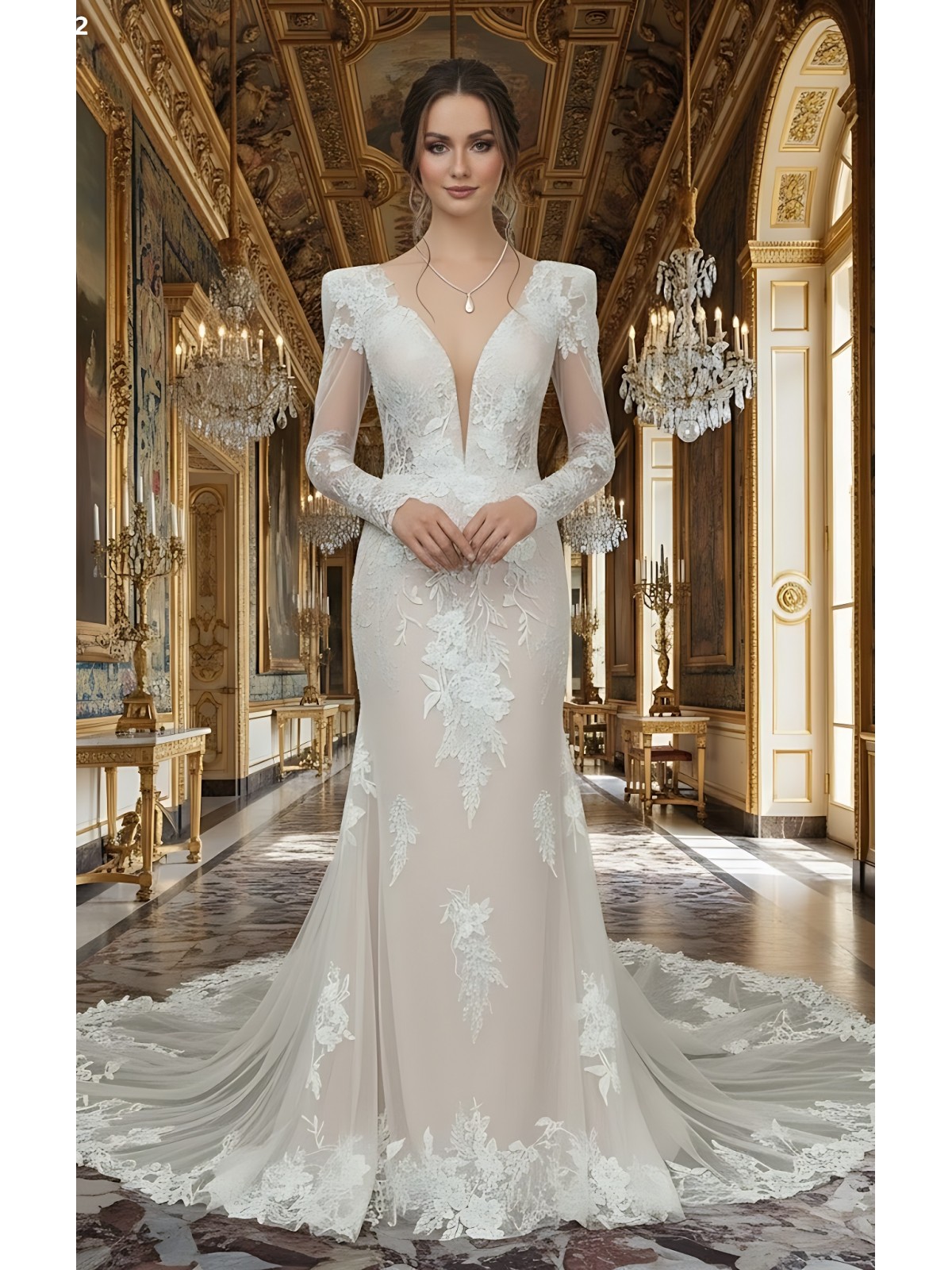 Sheath Sequined Floral Lace Cut-Out Bodice with Sheer Leg-of-Mutton Long Sleeves Wedding Dress - MO-S6002